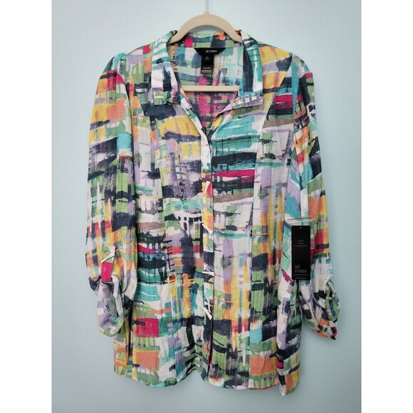 NWT ALI MILES Blouse Top Womens L Abstract Art Button Up Lightweight Colorful - Picture 1 of 9